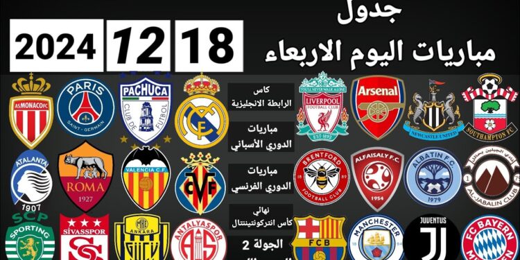جدول مواعيد المباريات ليوم الأربعاء 18 ديسمبر 2024 1 جدول مواعيد المباريات ليوم الأربعاء 18 ديسمبر 2024