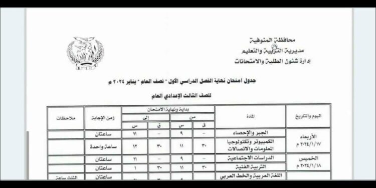 جدول امتحانات الصف الثالث الإعدادي 2025 التواريخ والمواعيد 1 جدول امتحانات الصف الثالث الإعدادي 2025 التواريخ والمواعيد